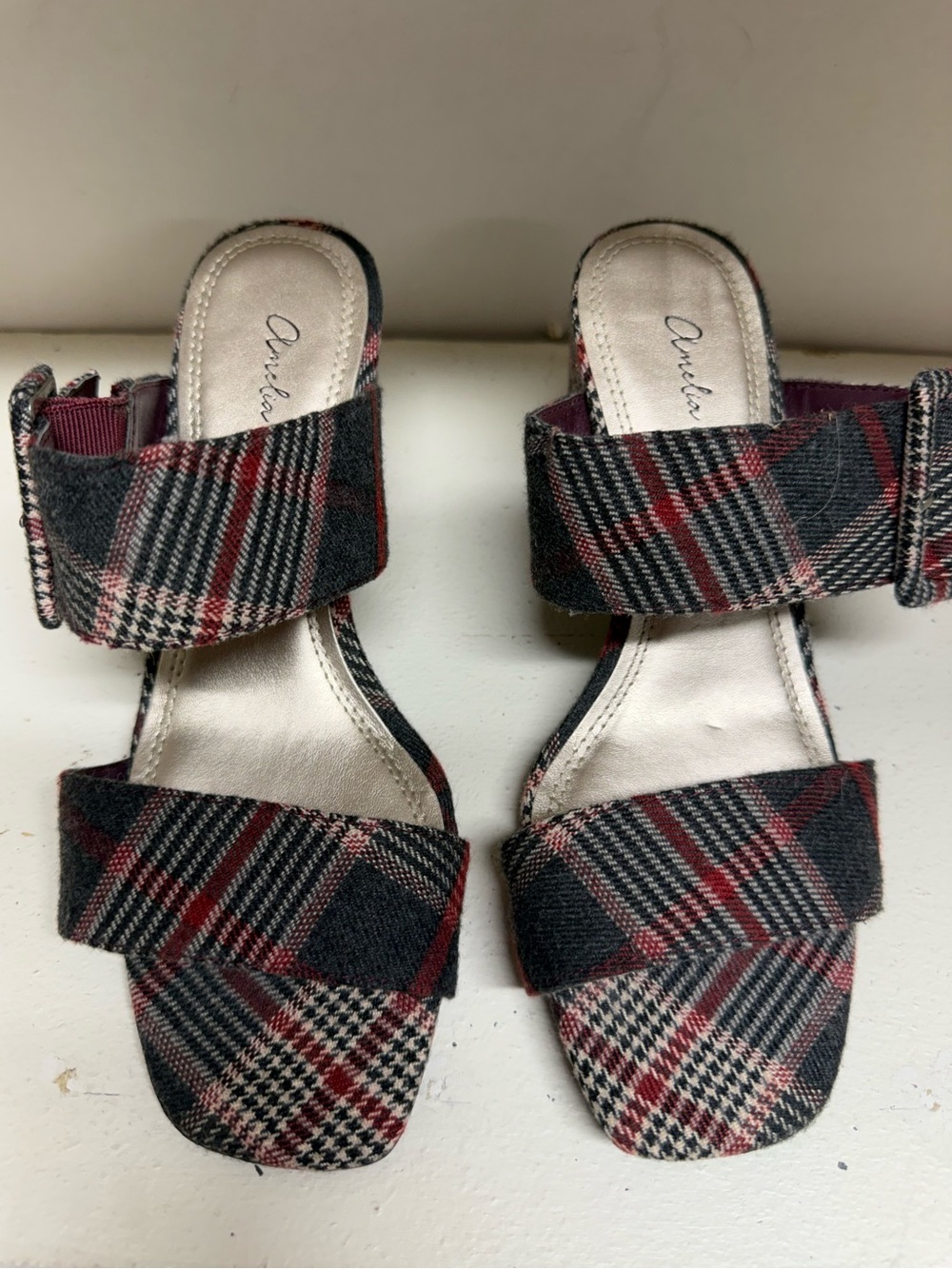 Annie Plaid Open-Toe Mules in Black & Red